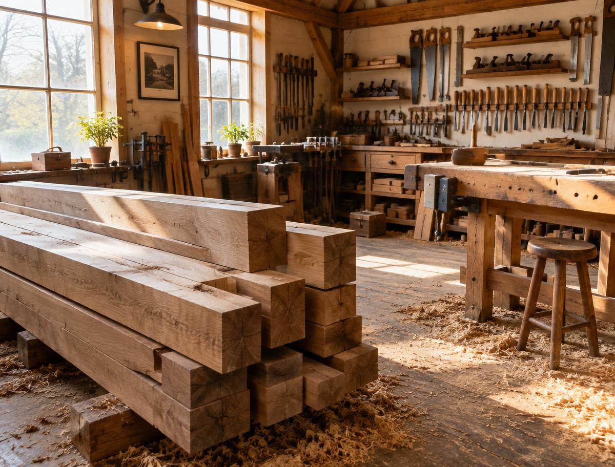Atelier de charpente avec poutres de chêne empilées et outils à main