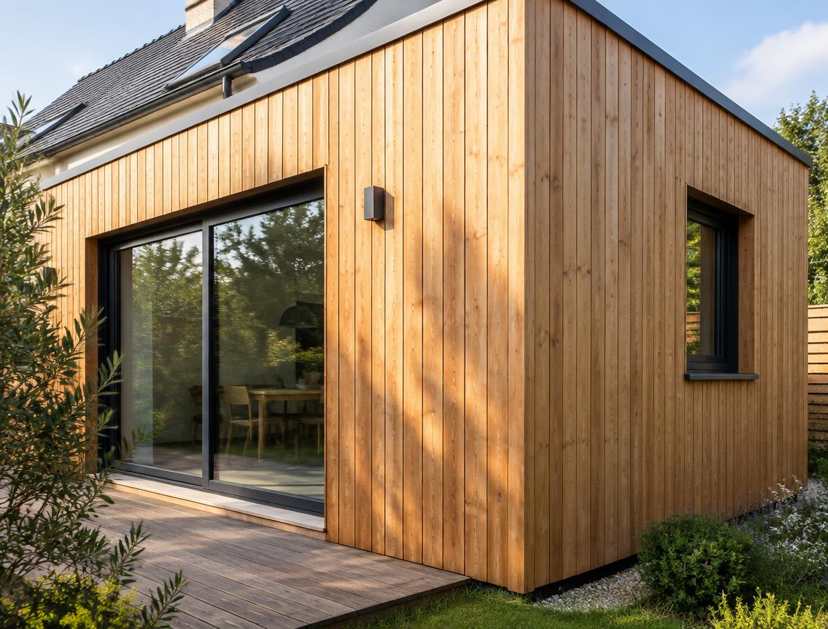 Extension de maison habillée d'un bardage bois vertical