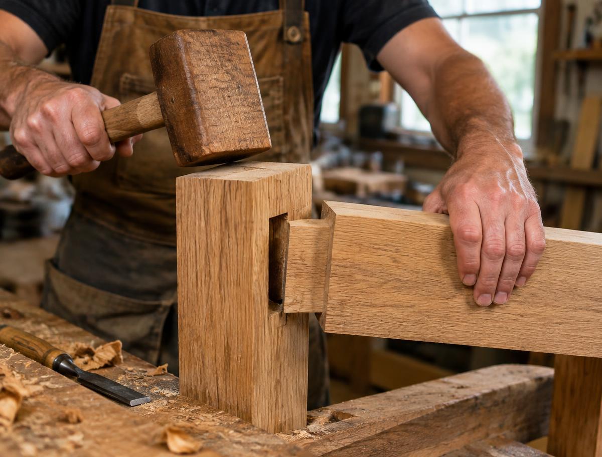 Assemblage tenon-mortaise taillé à la main sur une pièce de chêne