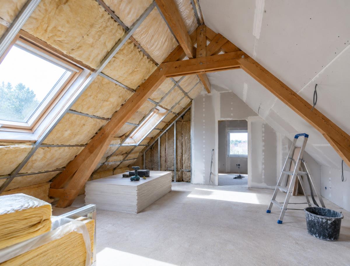 Combles en cours d'aménagement avec isolation et placo