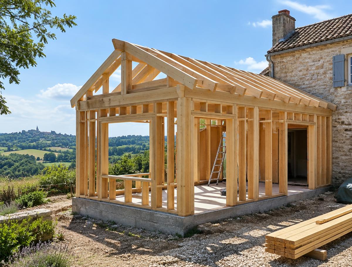 Ossature bois d'une extension de maison en construction