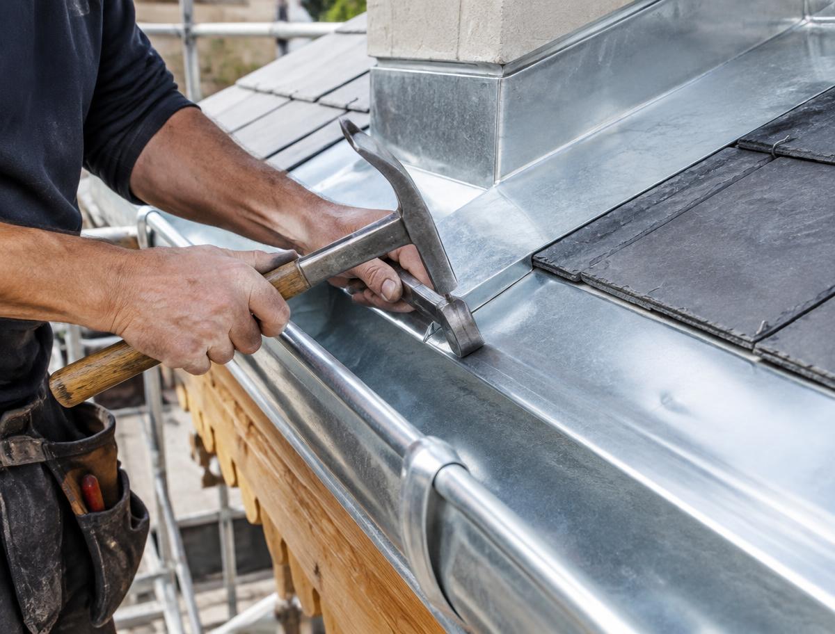 Façonnage d'une gouttière et d'un solin en zinc sur un toit